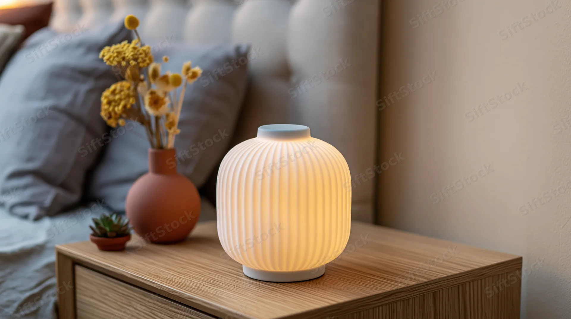 Glowing white ribbed ceramic lamp on wooden nightstand beside bed with dried flowers and succulent in vase