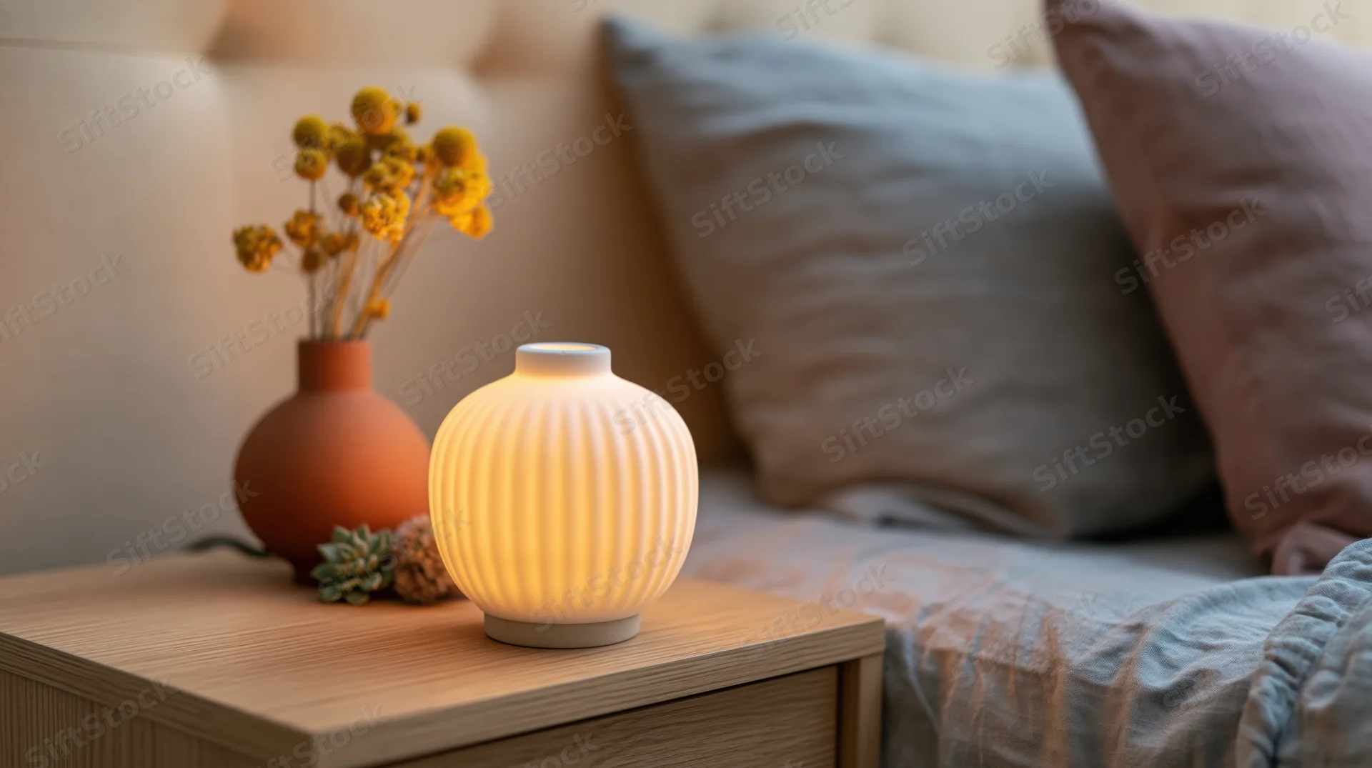 Glowing white ribbed ceramic lamp on wooden nightstand beside bed with pillows and dried flowers