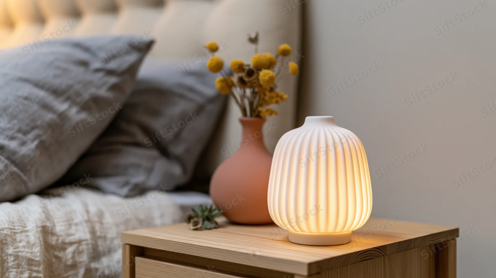 Glowing white ribbed ceramic lamp on wooden nightstand beside bed with gray pillows and terracotta vase of dried yellow flowers