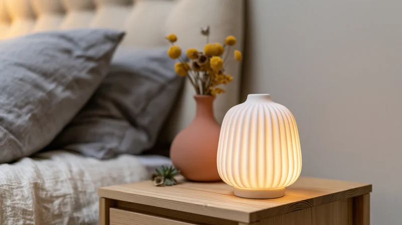 Glowing white ribbed ceramic lamp on wooden nightstand beside bed with gray pillows and terracotta vase of dried yellow flowers