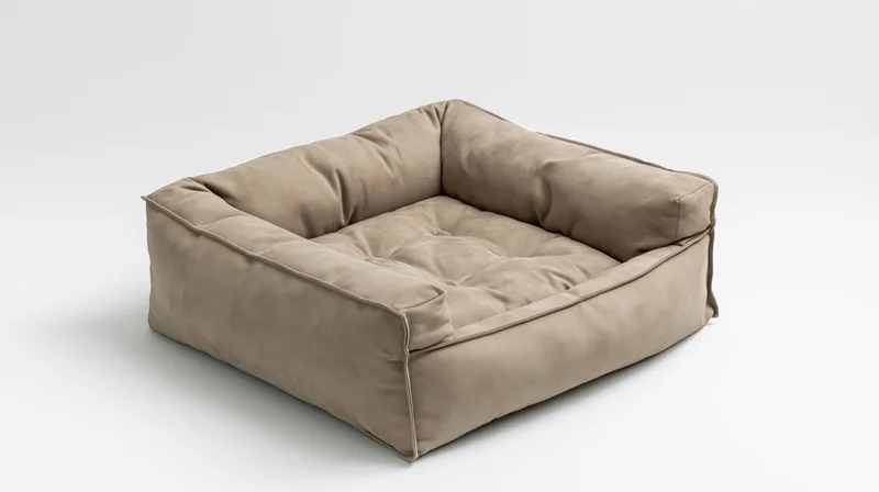 Square tufted pet bed with raised bolster sides on white background