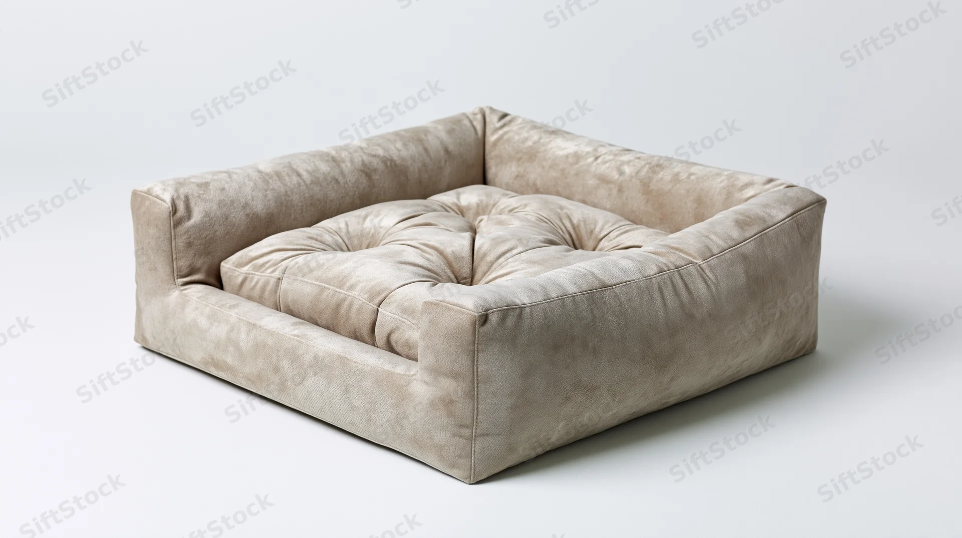 Square tufted pet bed with raised bolster sides on white background