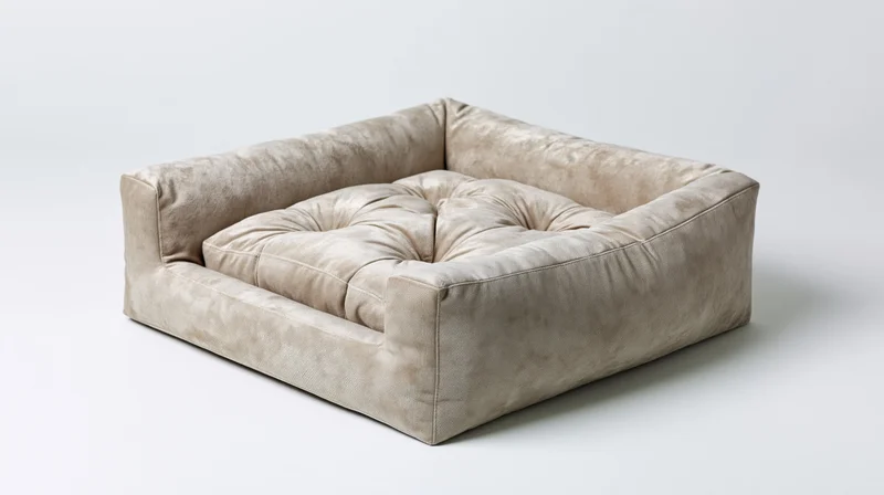 Square tufted pet bed with raised bolster sides on white background
