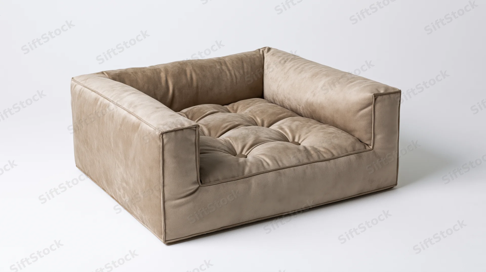 Square tufted pet bed with raised bolster sides on white background