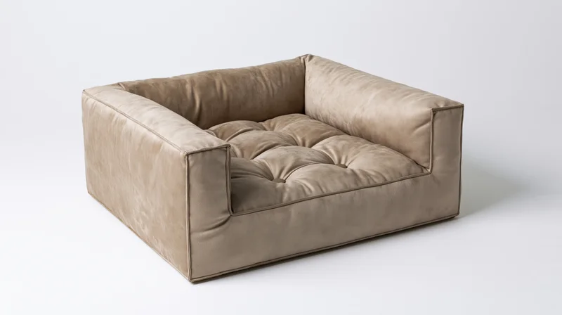 Square tufted pet bed with raised bolster sides on white background