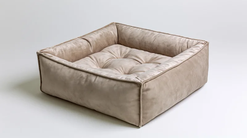 Square tufted pet bed with raised bolster sides on white background