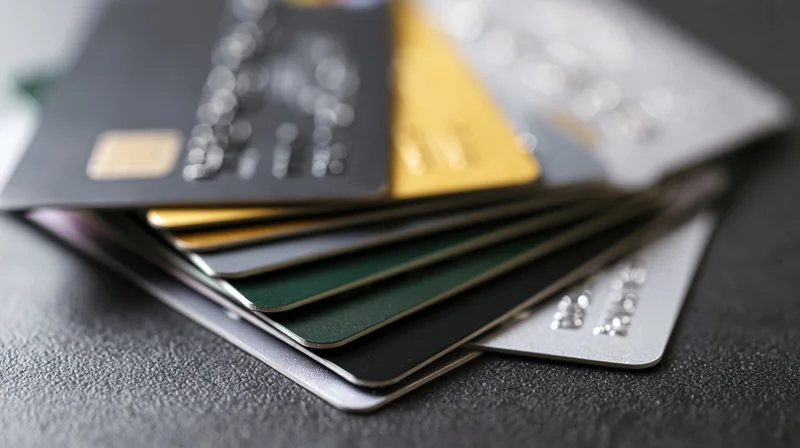 Fanned stack of credit cards resting on dark textured surface
