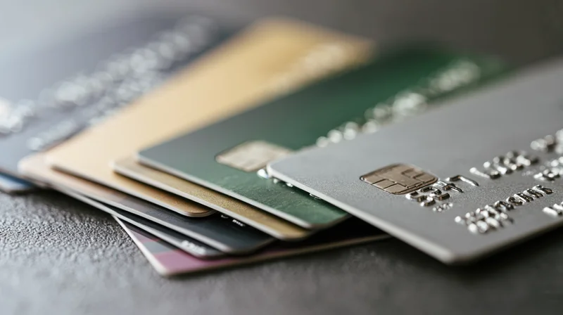 Stack of credit cards fanned out on dark surface
