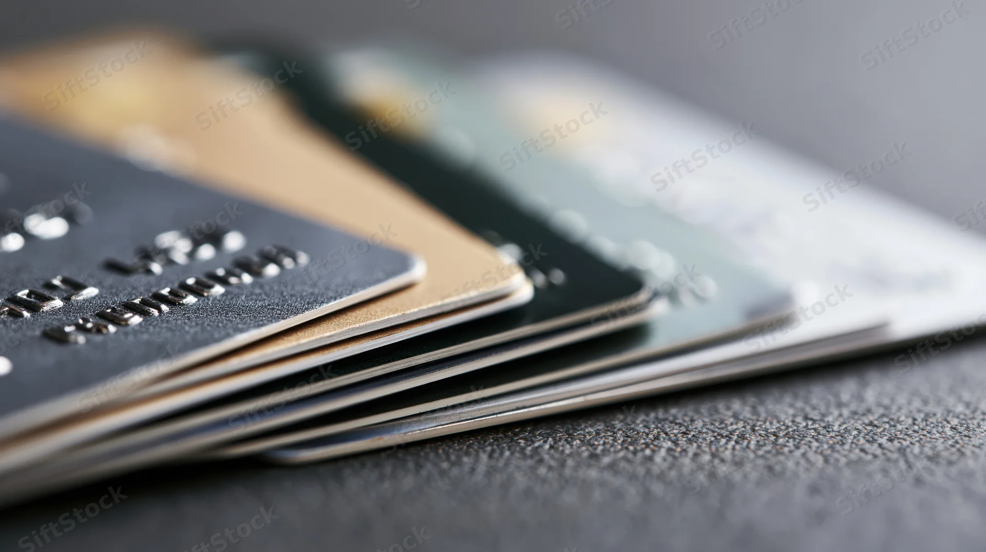 Stack of credit cards fanned out on dark textured surface
