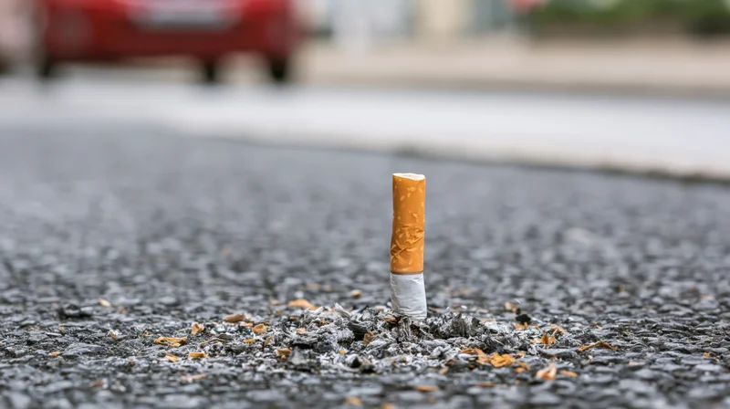 Cigarette butt standing upright on rough asphalt street
