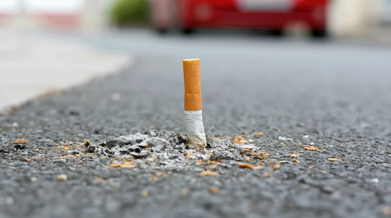 Cigarette butt standing upright on rough asphalt pavement with ash and litter, near a red car in the background