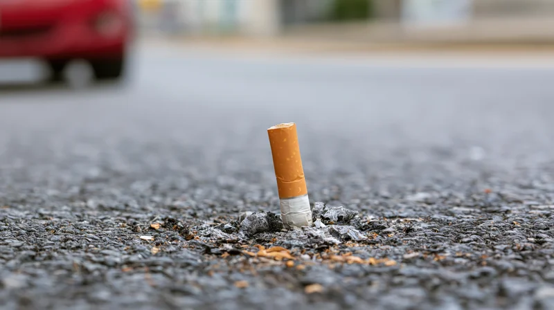 Cigarette butt standing upright on rough asphalt street with blurred red car in background