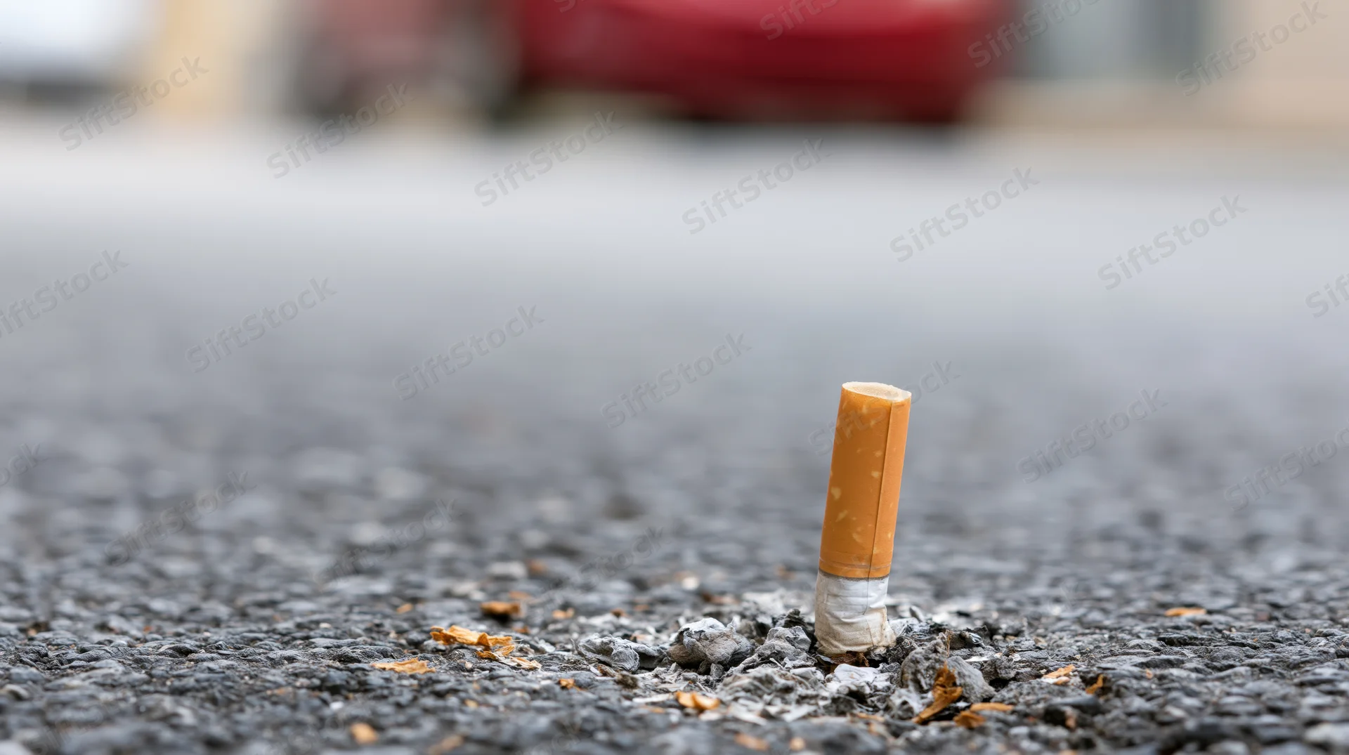Cigarette butt standing upright on rough asphalt street