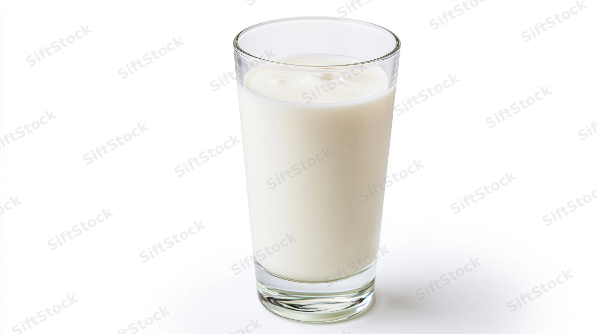 Tall clear glass filled with whole milk on white background