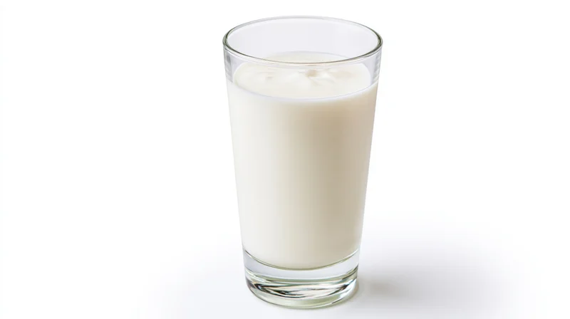 Tall clear glass filled with whole milk on white background