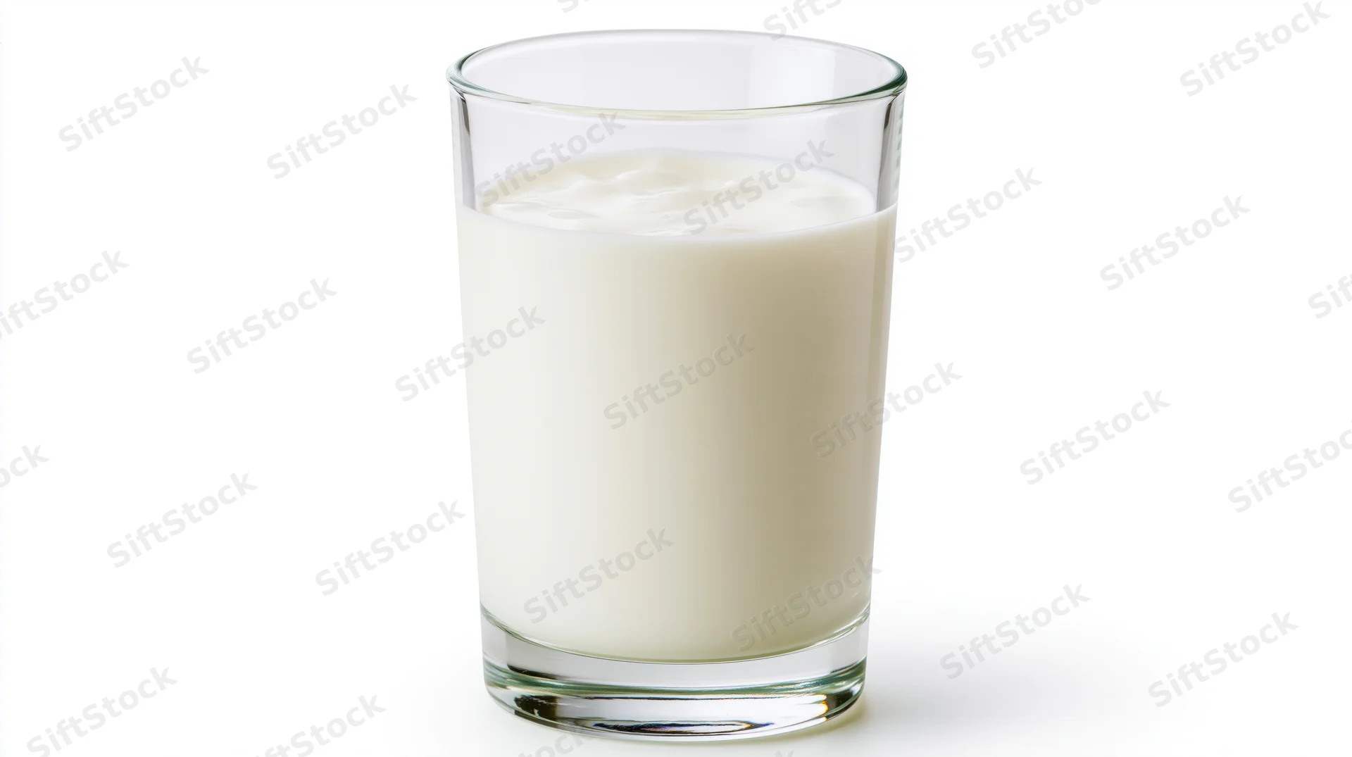 Tall clear glass filled with whole milk on white background