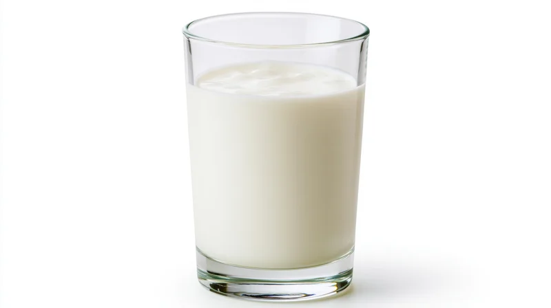 Tall clear glass filled with whole milk on white background