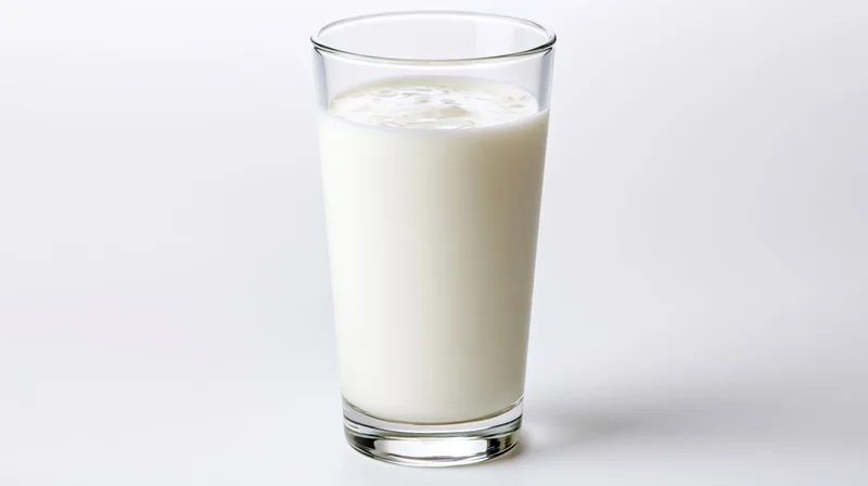 Tall clear glass filled with whole milk on white background