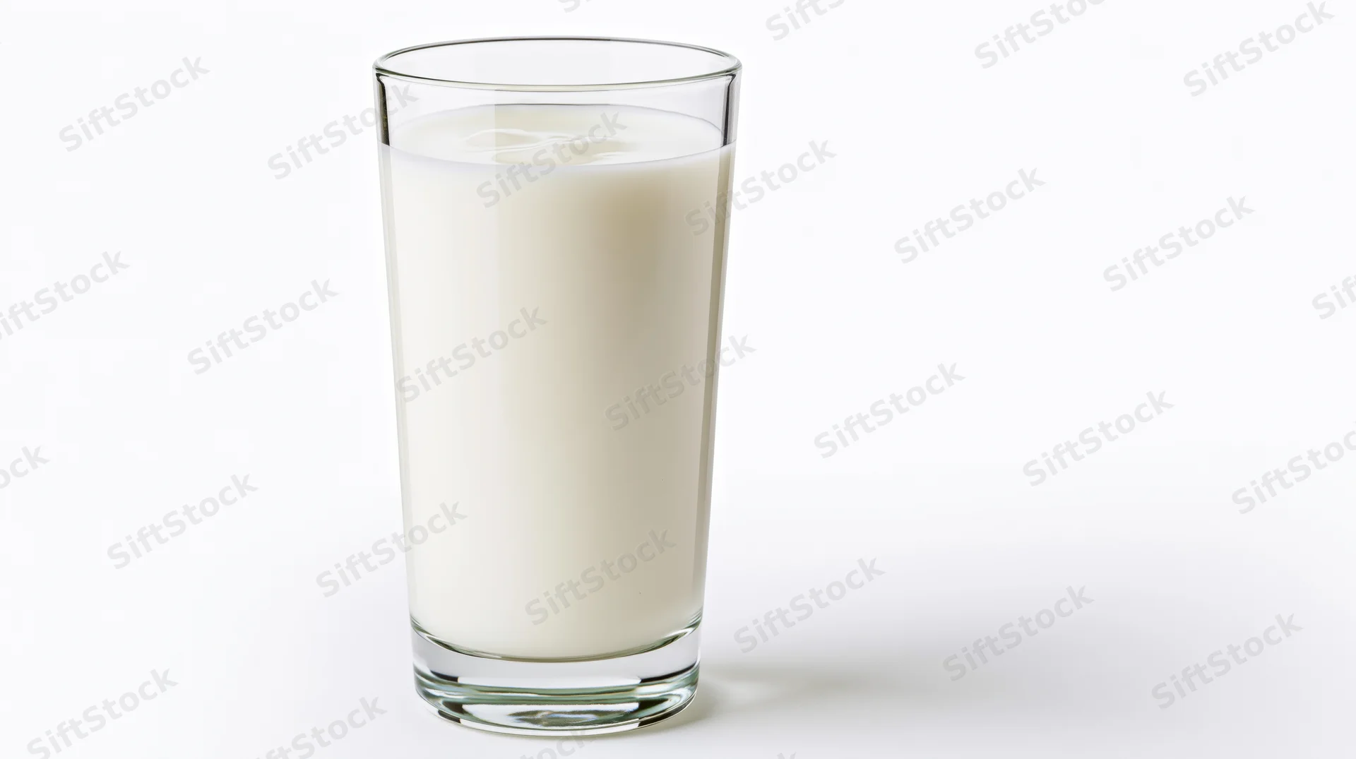 Tall clear glass filled with whole milk on white background