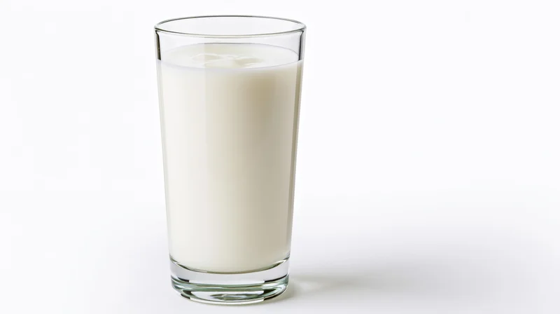 Tall clear glass filled with whole milk on white background