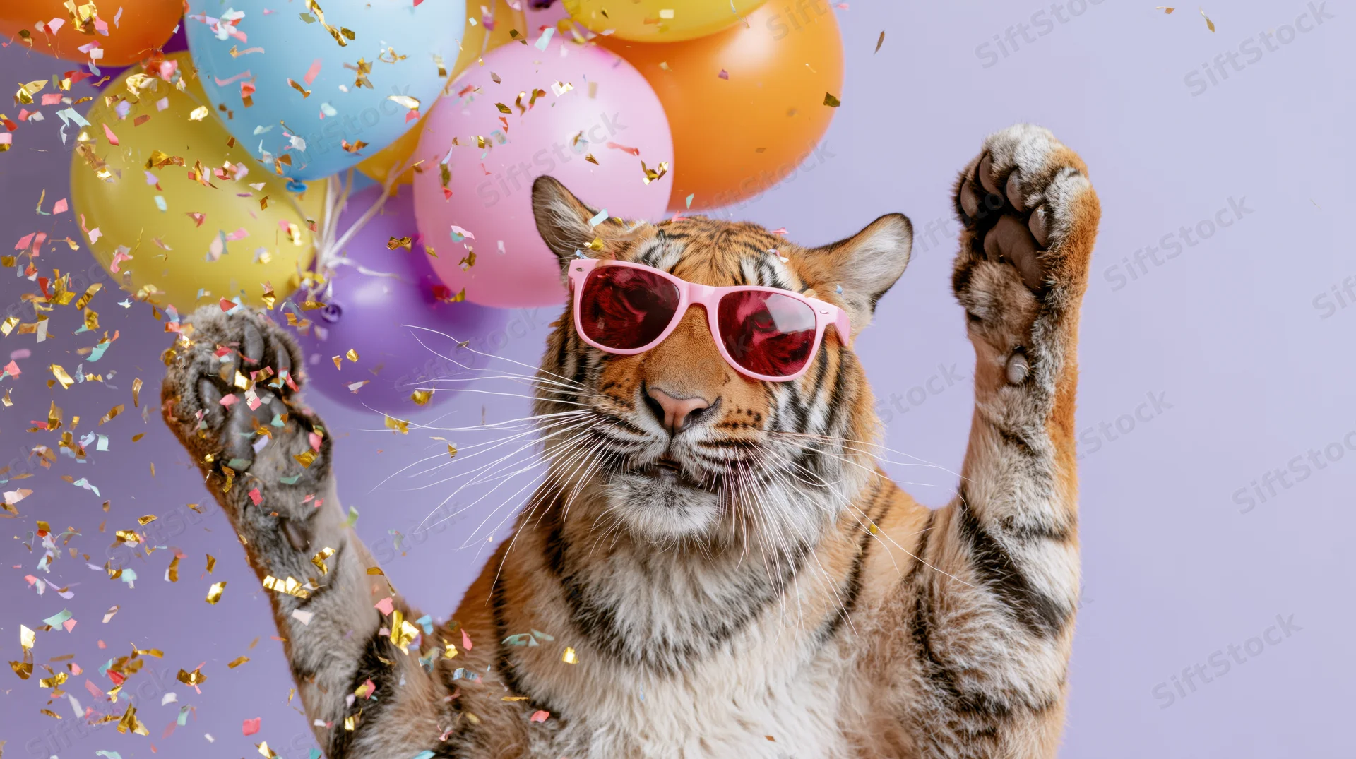 Tiger wearing pink sunglasses with colorful balloons and confetti in celebration