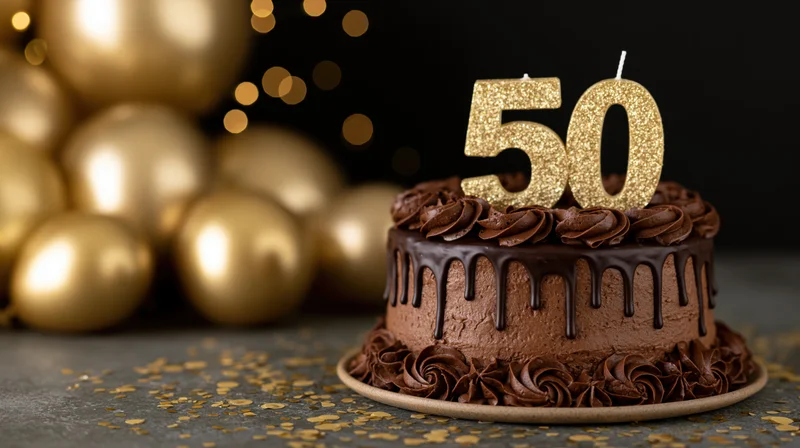 Chocolate drip cake with gold 50 candle on dark surface surrounded by golden balloons and confetti