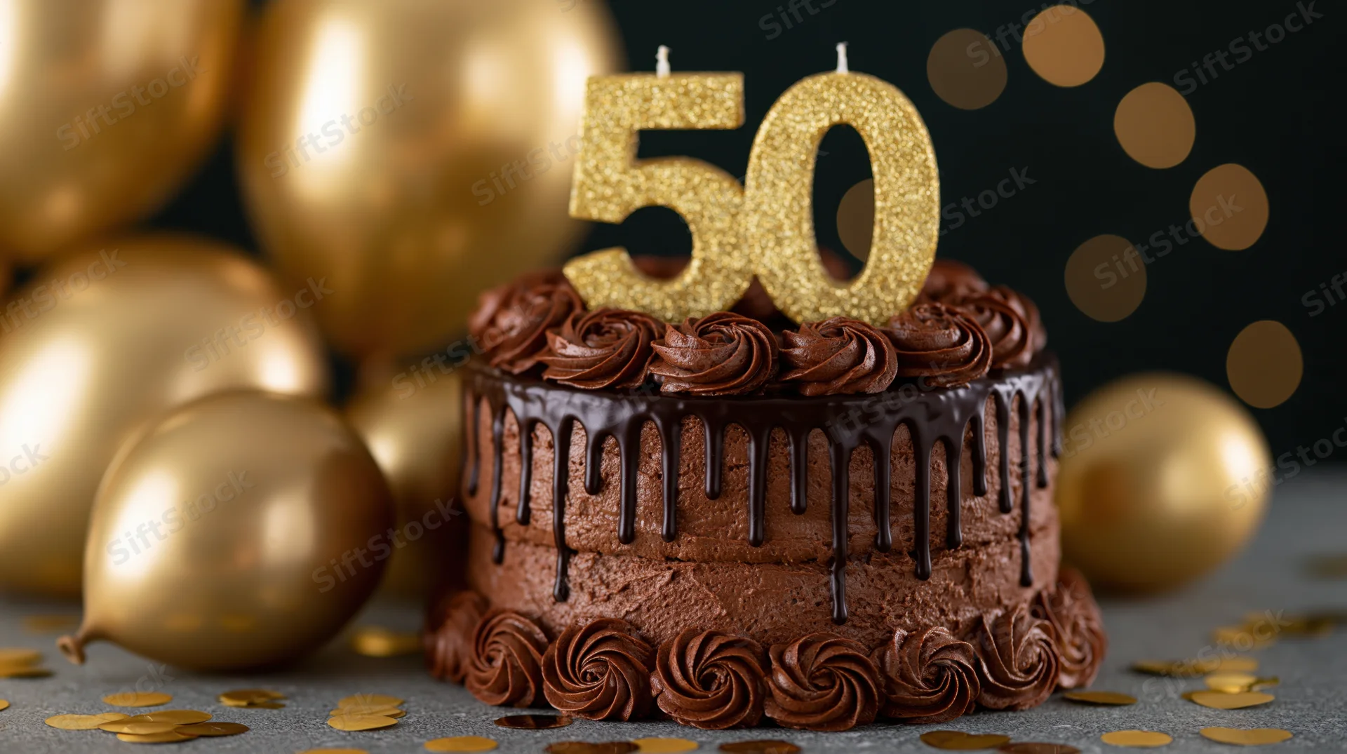 Chocolate drip cake with gold 50 candle and balloons on table with confetti