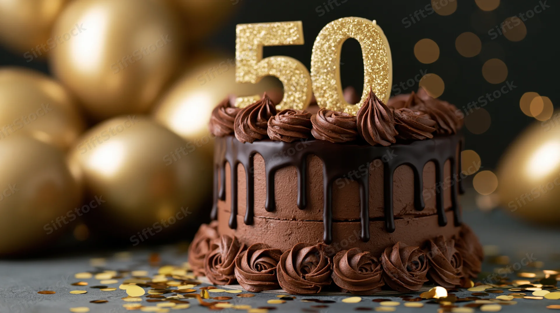 Chocolate drip cake with golden 50 topper and confetti on dark surface surrounded by gold balloons