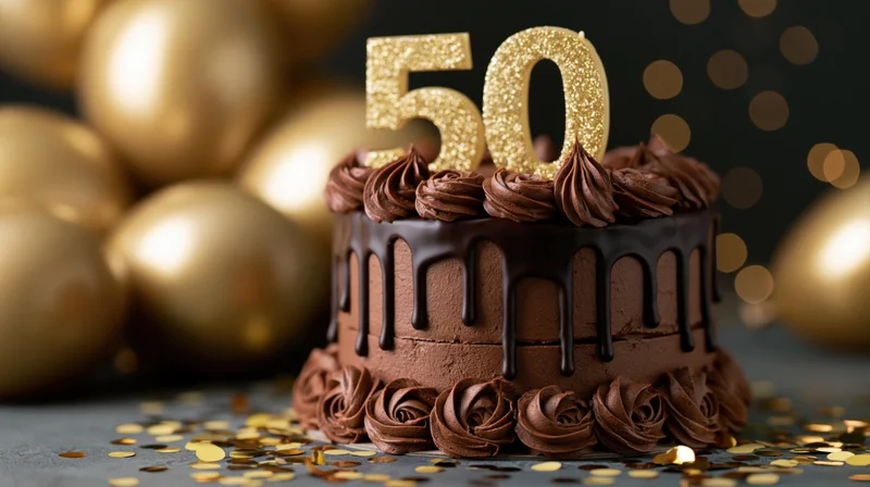 Chocolate drip cake with golden 50 topper and confetti on dark surface surrounded by gold balloons
