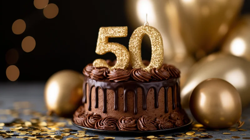 Chocolate drip cake with gold 50 candle and balloons on dark table with confetti