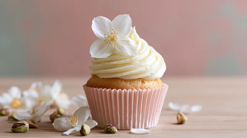 Vanilla cupcake with white frosting and flower decoration on wooden table