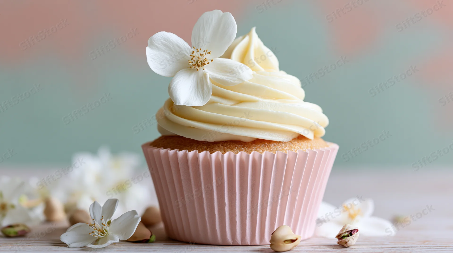 Vanilla cupcake with swirled frosting and white cherry blossom on wooden table