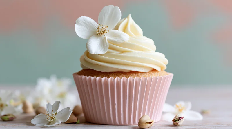 Vanilla cupcake with swirled frosting and white cherry blossom on wooden table