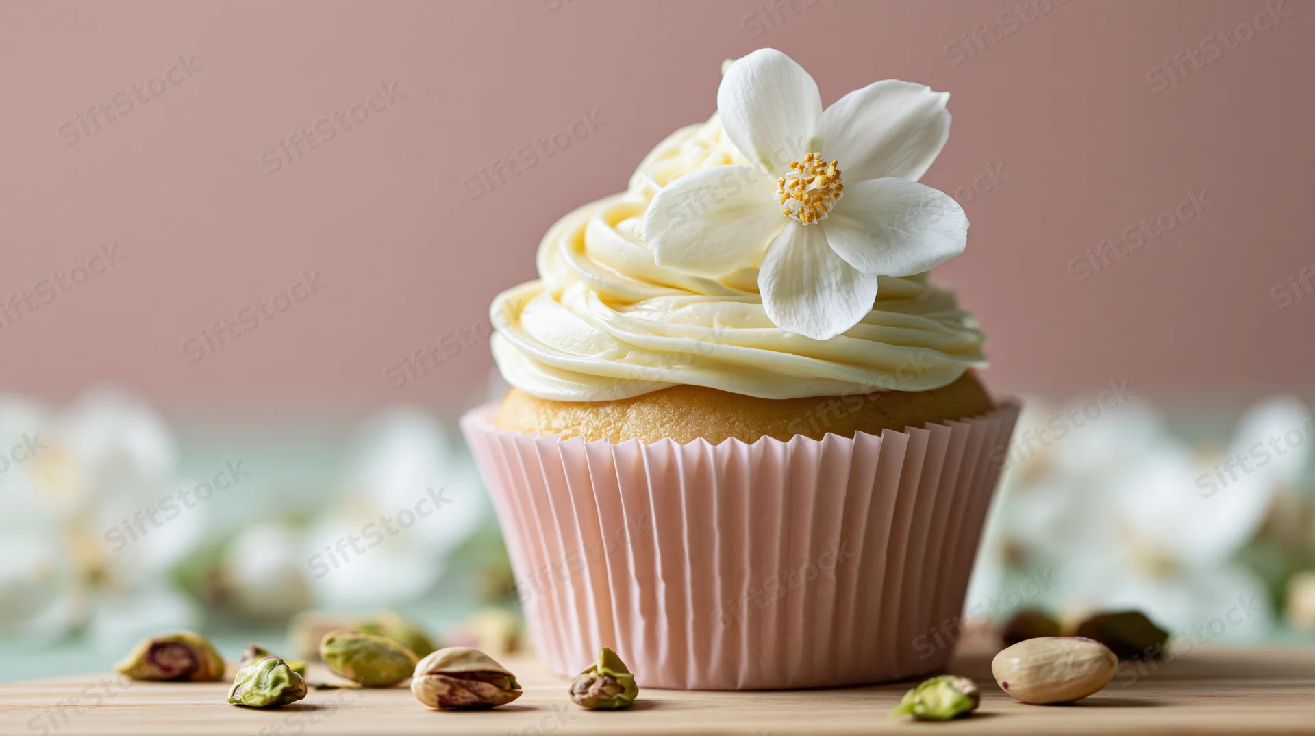 Vanilla cupcake with white flower and pistachios on wooden table
