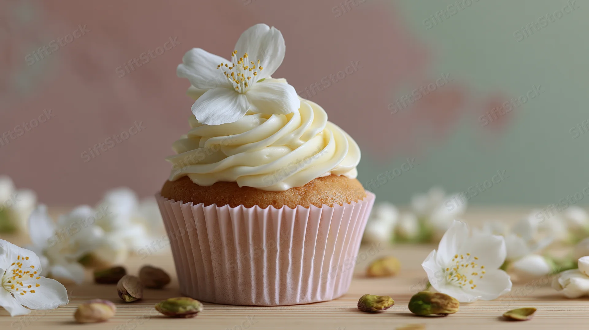 Vanilla cupcake with white frosting and flower garnish on wooden table surrounded by blossoms and pistachios