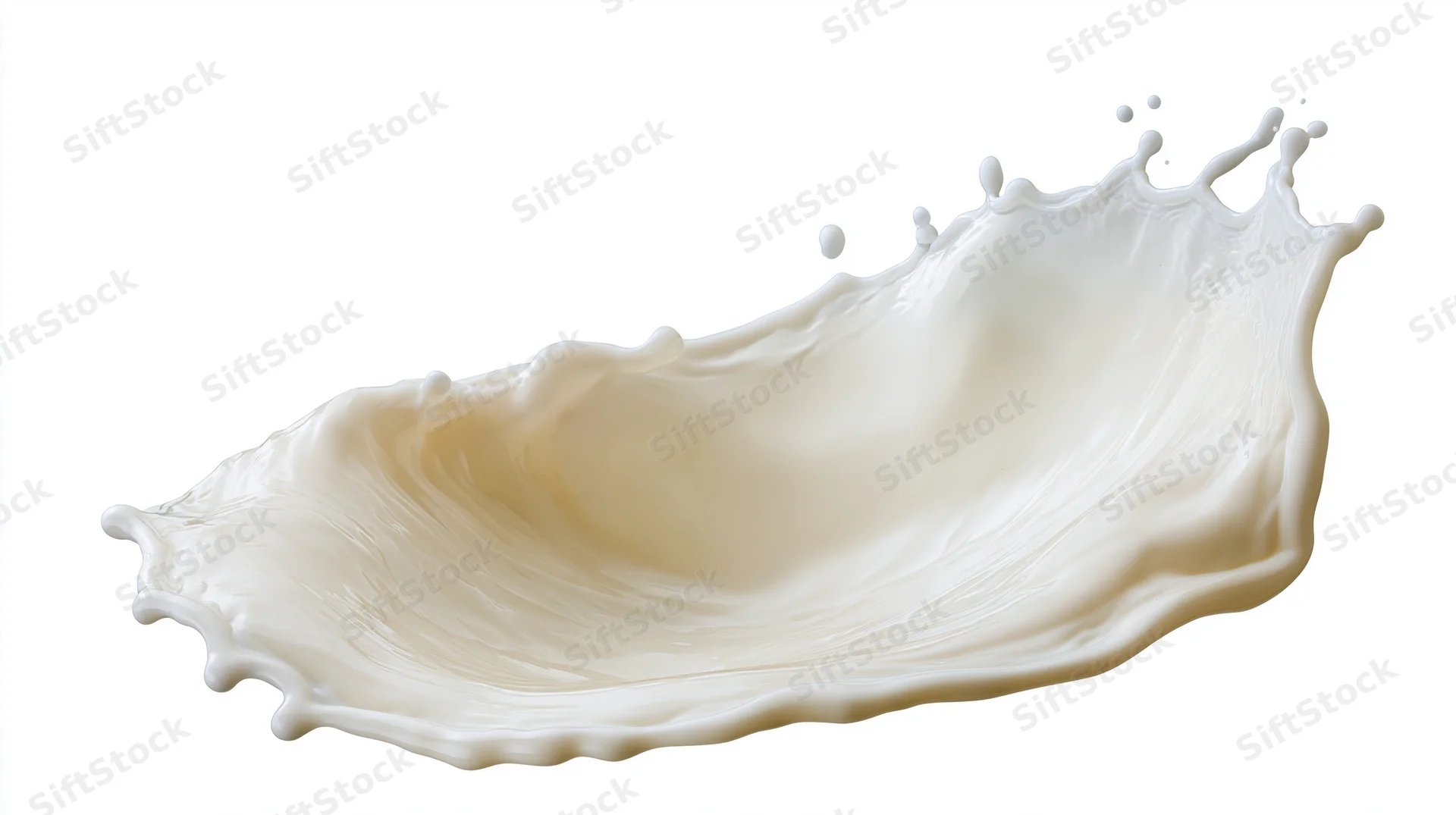 Milk splash in mid-air forming a wave shape with droplets against white background