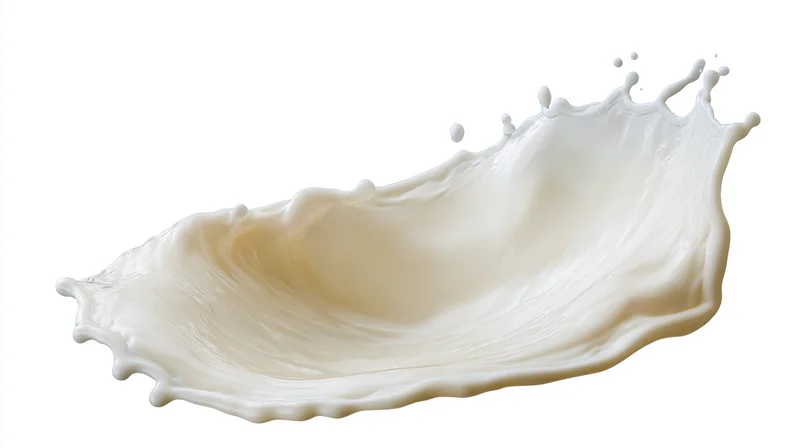 Milk splash in mid-air forming a wave shape with droplets against white background