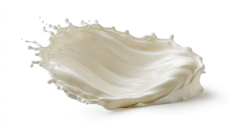 Milk splash in mid-air forming a wave shape with droplets against white background