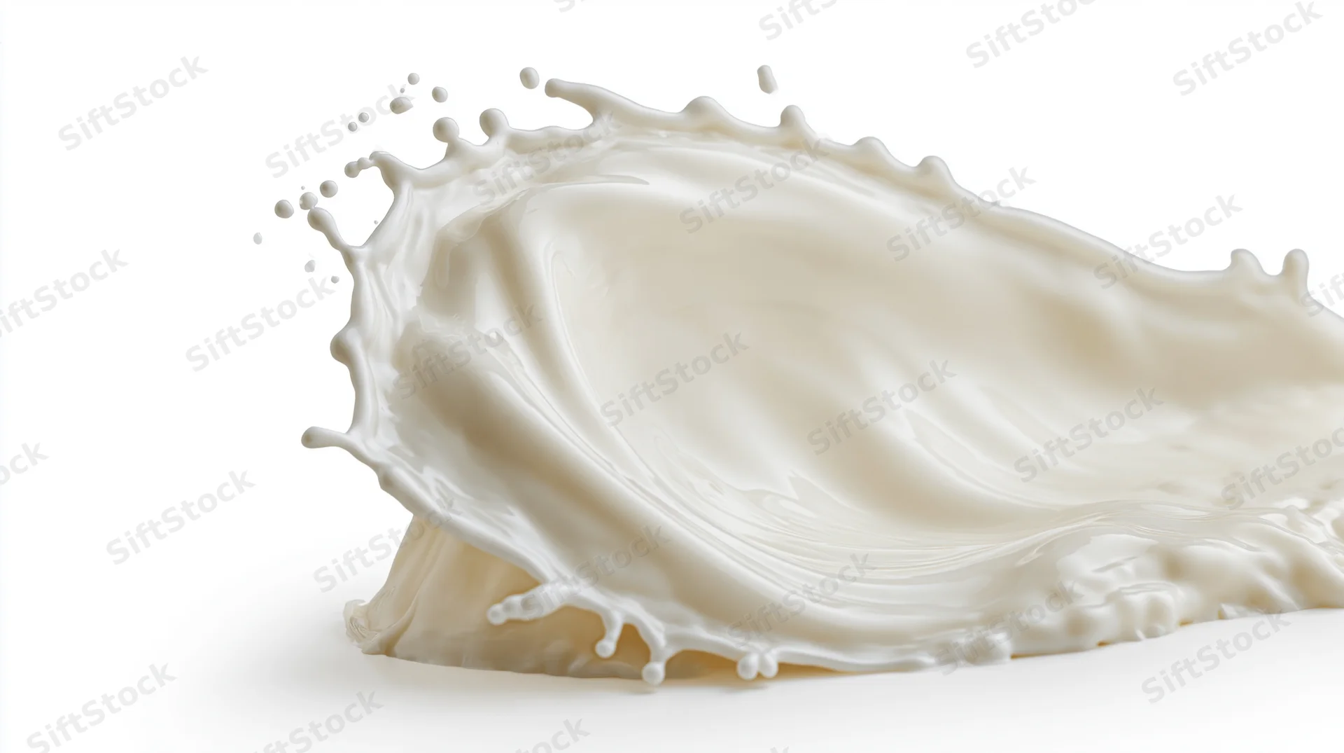 Milk splash in mid-motion forming a wave shape with droplets against white background