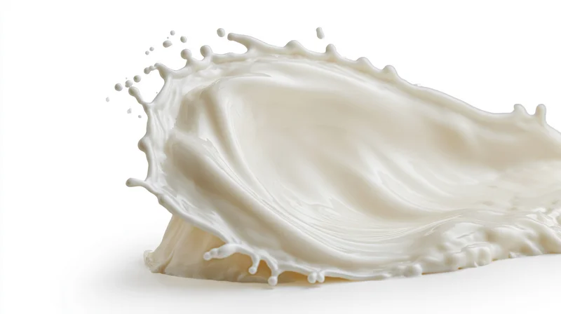 Milk splash in mid-motion forming a wave shape with droplets against white background