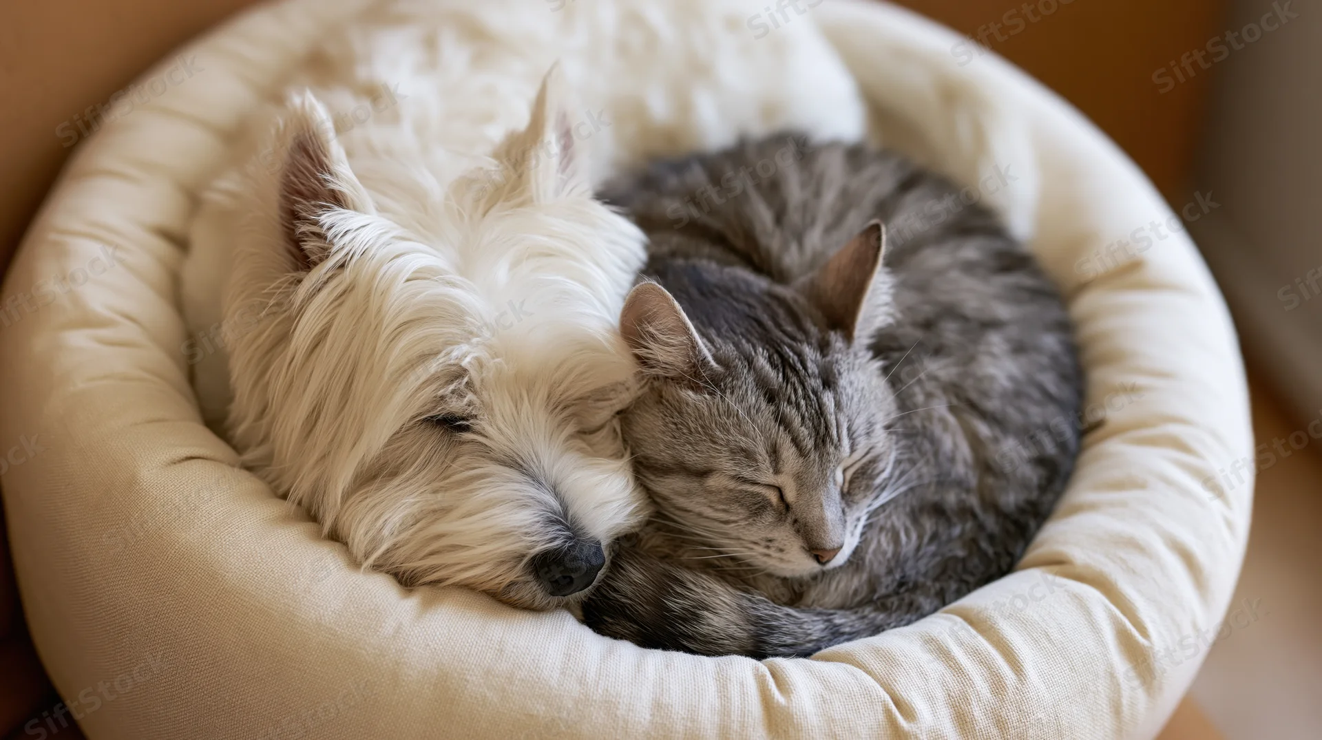 White west highland terrier and grey tabby cat sleeping together in a soft pet bed
