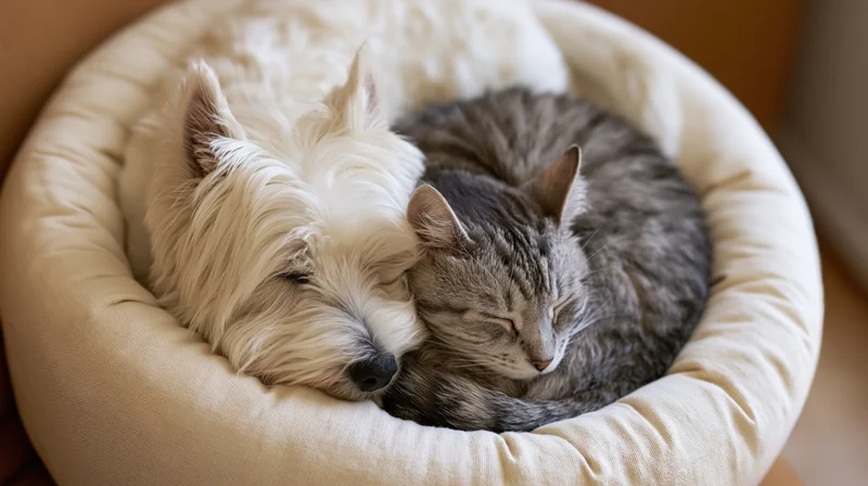 White west highland terrier and grey tabby cat sleeping together in a soft pet bed