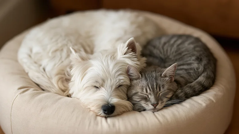 White west highland terrier and grey tabby cat sleeping together in a soft pet bed