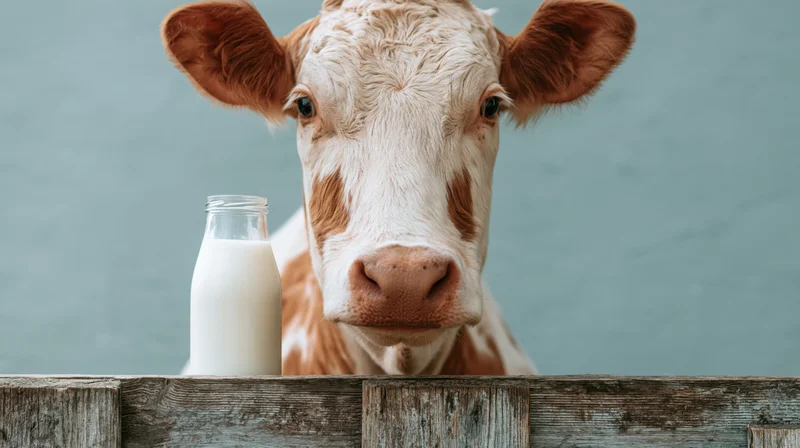 White and brown dairy cow peering over weathered wooden fence with milk bottle beside it