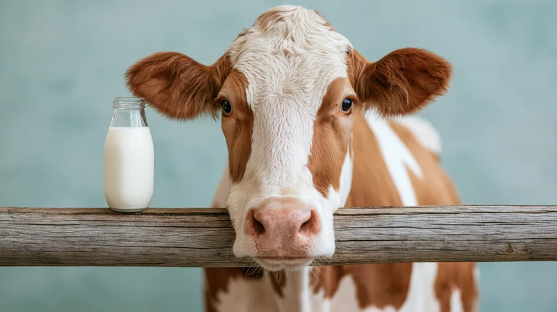 Brown and white cow peering over wooden fence with milk bottle beside it
