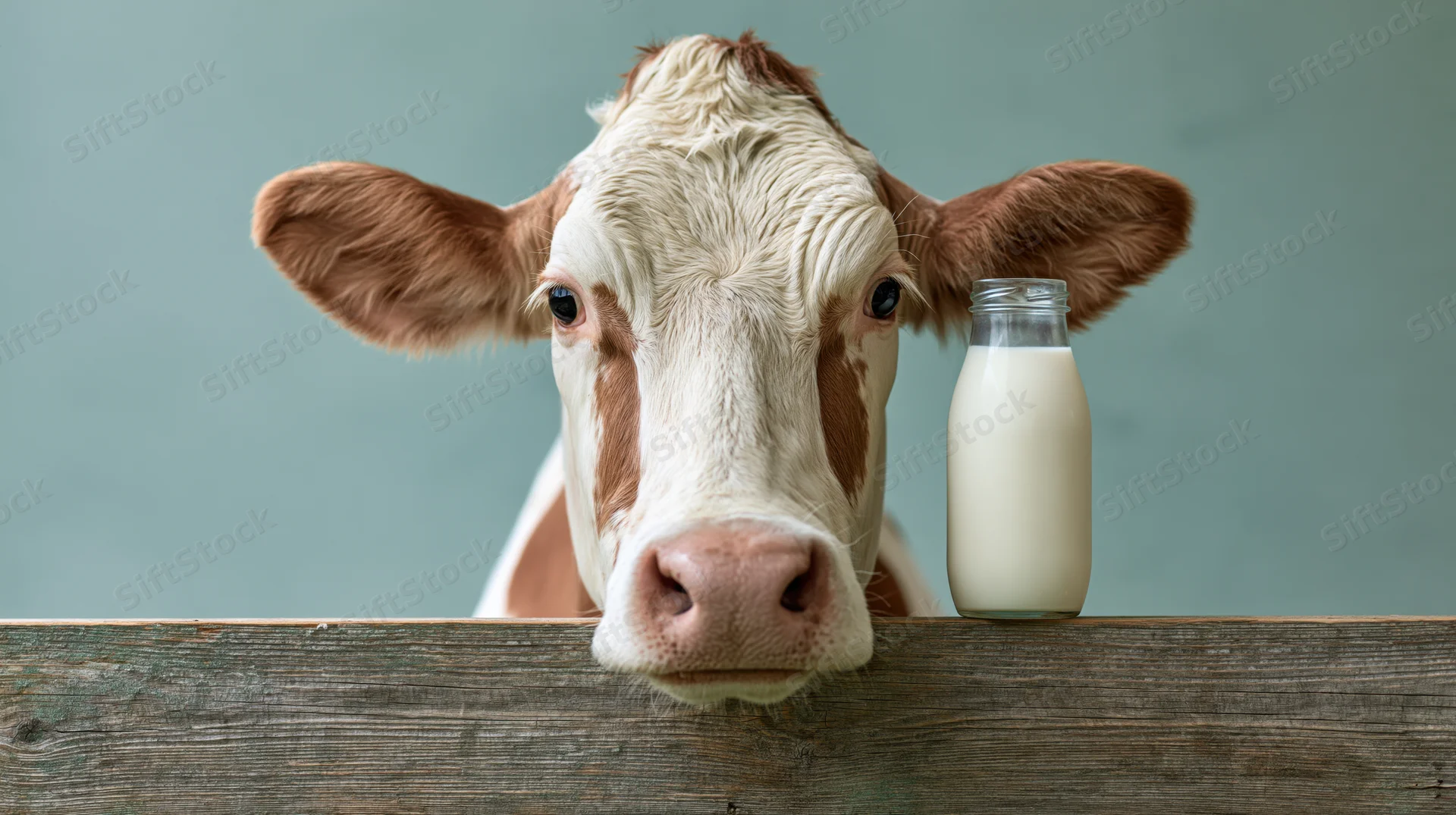 Dairy cow peering over wooden fence with milk bottle beside it