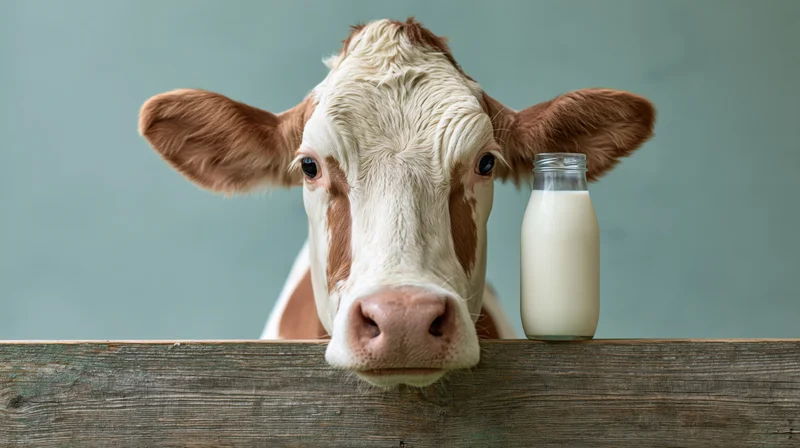Dairy cow peering over wooden fence with milk bottle beside it