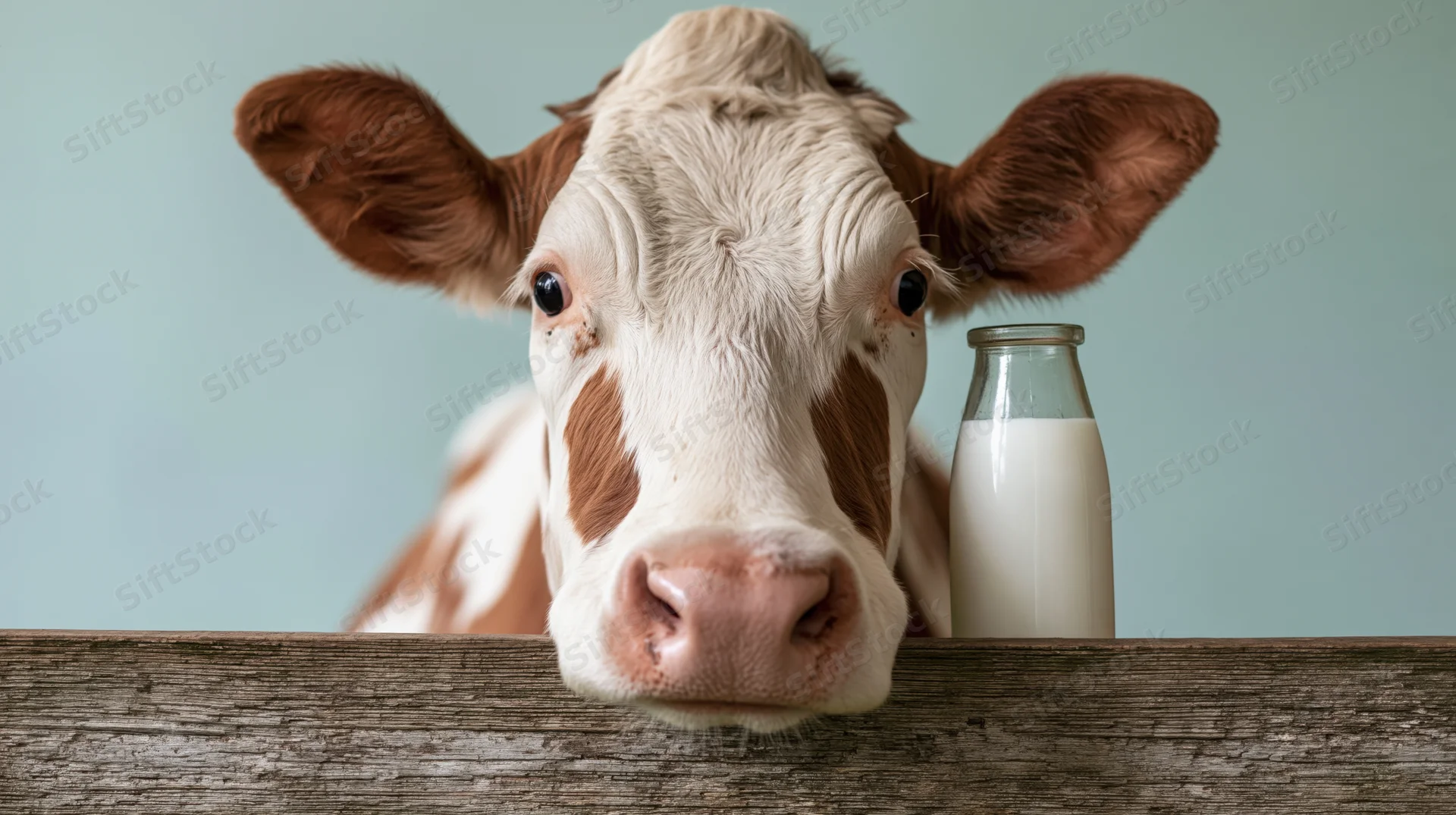 Dairy cow peering over wooden fence with milk bottle beside it