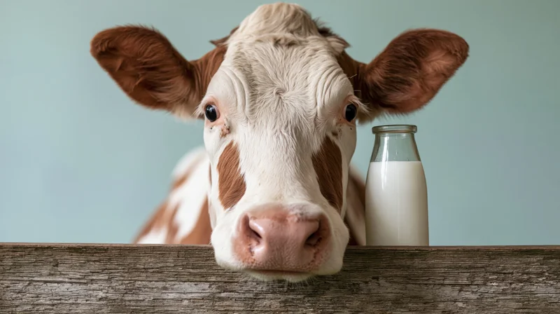 Dairy cow peering over wooden fence with milk bottle beside it