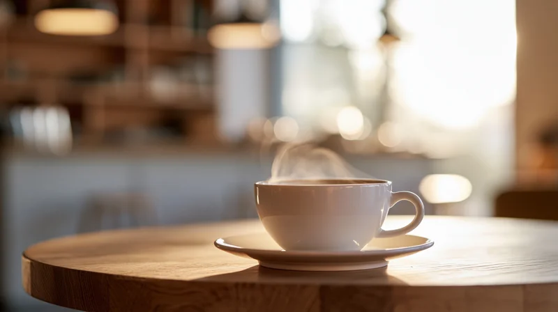 Steaming white coffee cup on a wooden table in a cafe interior